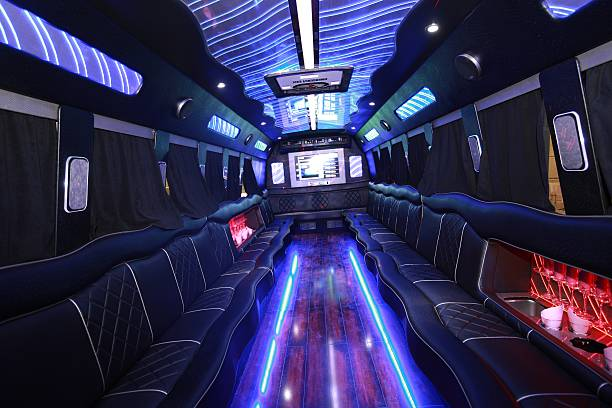 Luxury party bus rental in Westlake decorated for a wedding celebration